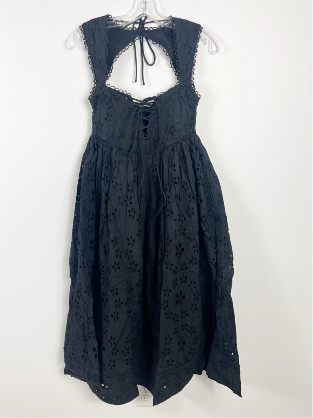 For Love And Lemons Nicola Eyelet Lace Up Midi Dress Size XS NWT Solid Black - Picture 5 of 10